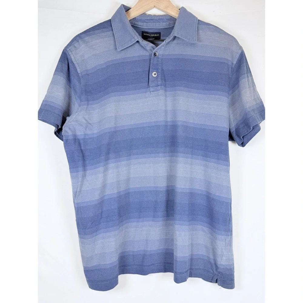 Banana Republic Men's Large Blue Striped Polo Shirt 100% Cotton Short Sleeve